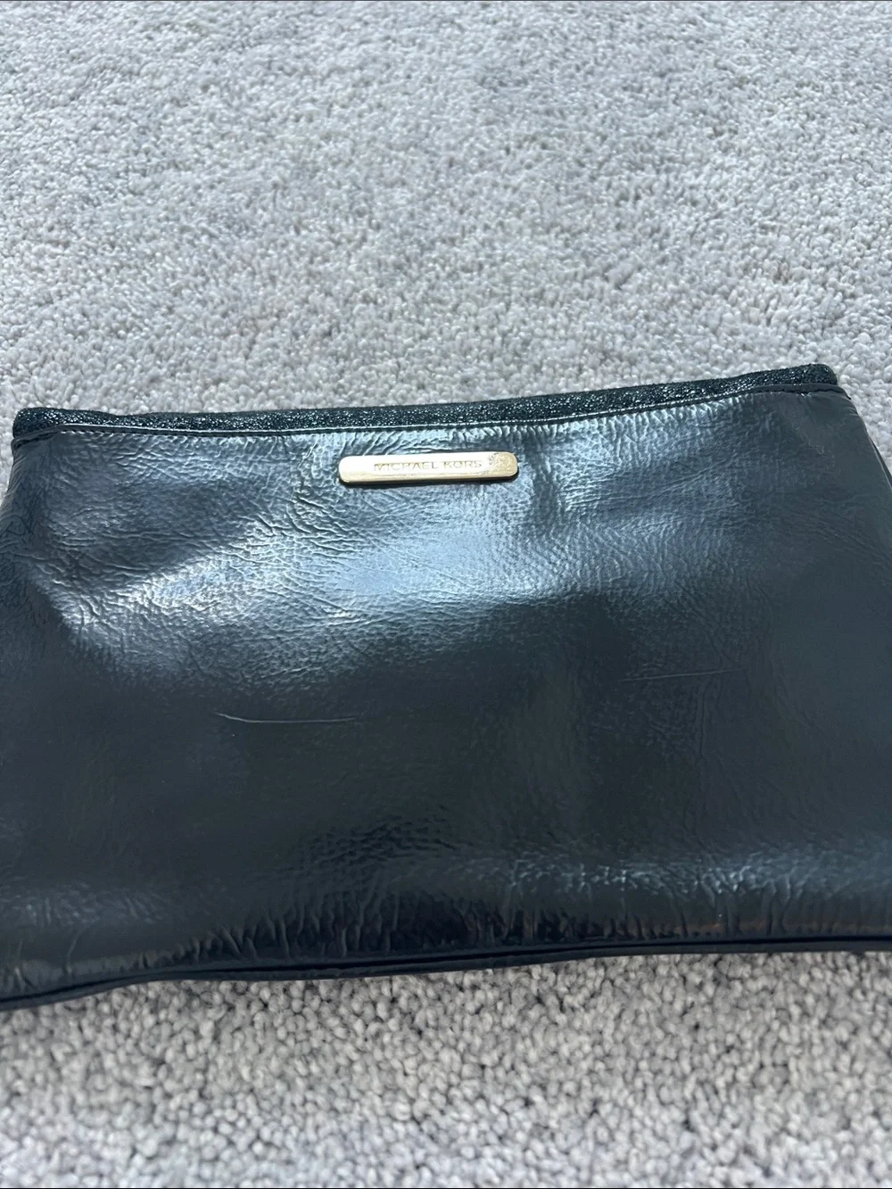 Michael Kors Black Mixed-Material Flap Clutch with Gold Corners